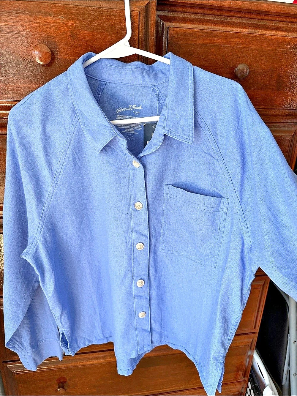 Universal Thread Long-Sleeve Linen Collared Button-Down Shirt Blue Large